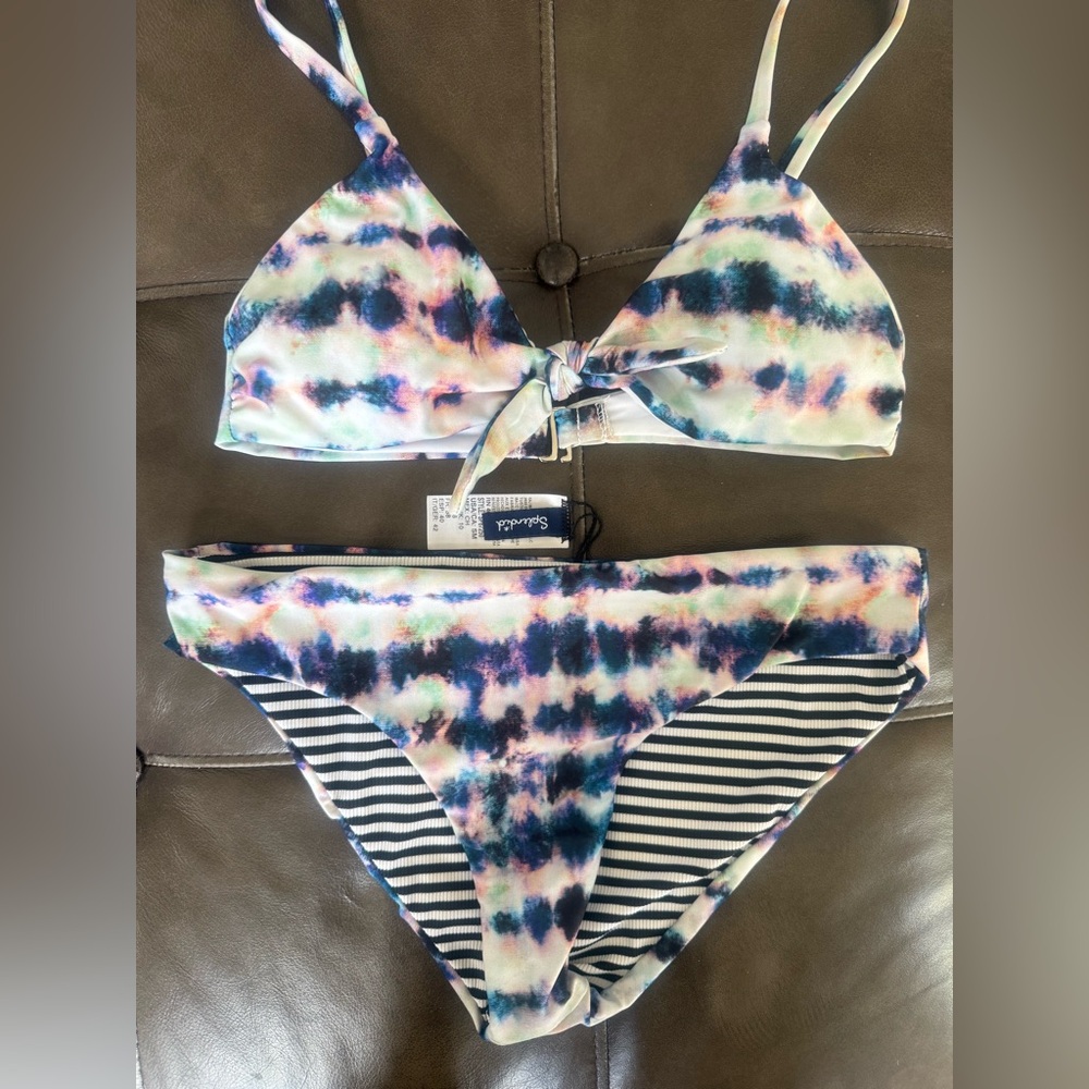 Splendid Tie-Front Bikini Top in Navy, Pink, Mint (never worn)